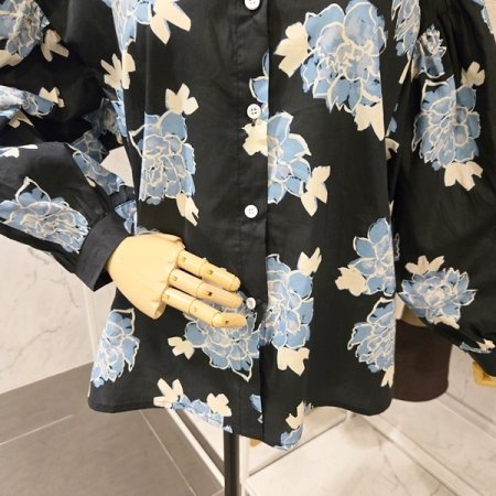 블루 플라워 벌룬 셔츠