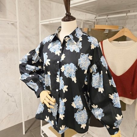 블루 플라워 벌룬 셔츠