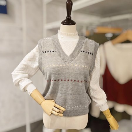 미니 패턴 브이넥 니트 베스트