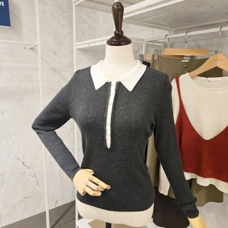 배색 카라 골지 니트