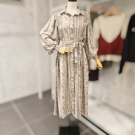 허리 끈 카라 패턴 원피스