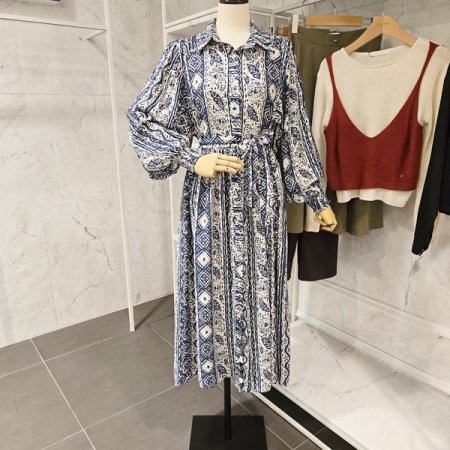 허리 끈 카라 패턴 원피스