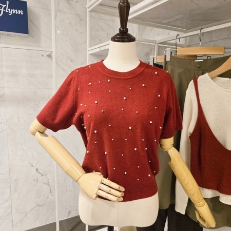 진주 장식 라운드 니트