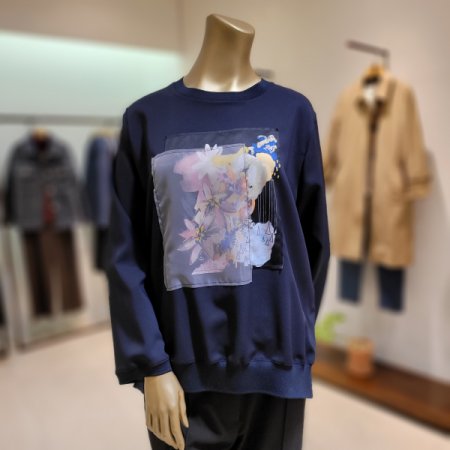 꽃원단배색 밑단트임 라운드 블라우스