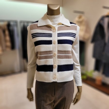 가로 컬러 스트라이프 카라 단추베스트