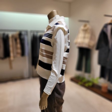 가로 컬러 스트라이프 카라 단추베스트