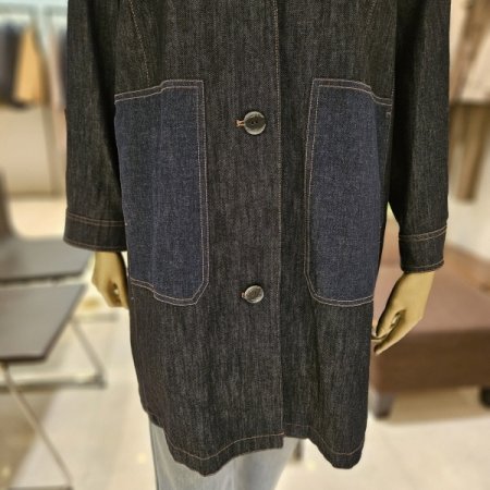 탈착니트후드 데님 롱자켓