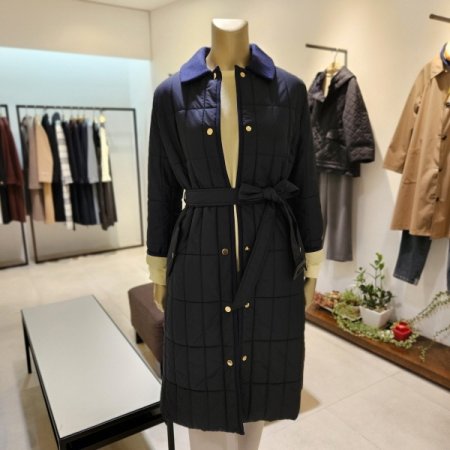 소매배색 벨트 누빔 롱코트