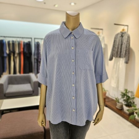 스트라이프 배색 반팔 면 블라우스