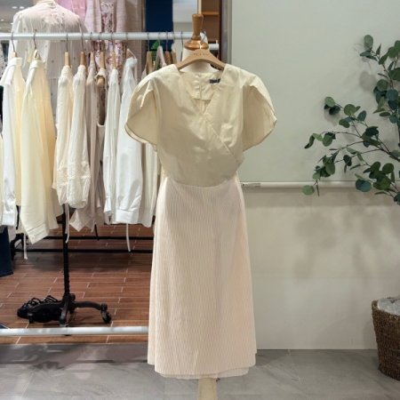 배색 리본 롱원피스