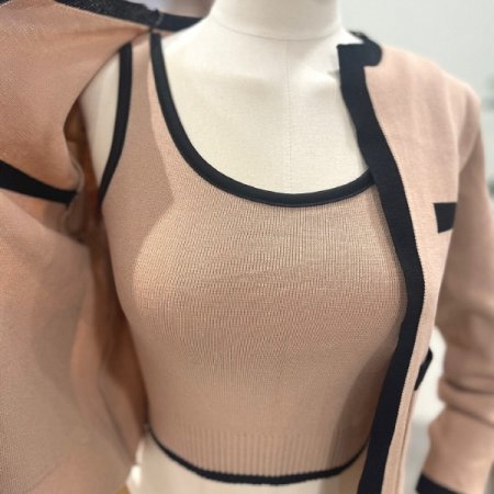 배색라인 가디건 세트