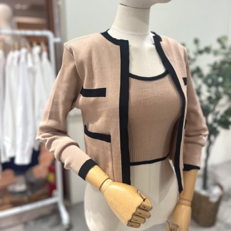 배색라인 가디건 세트