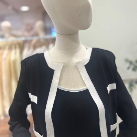 배색라인 가디건 세트