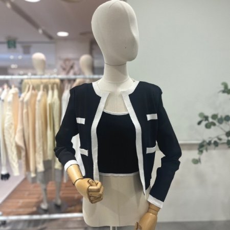 배색라인 가디건 세트