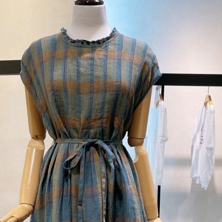 린넨 체크 민소매 원피스