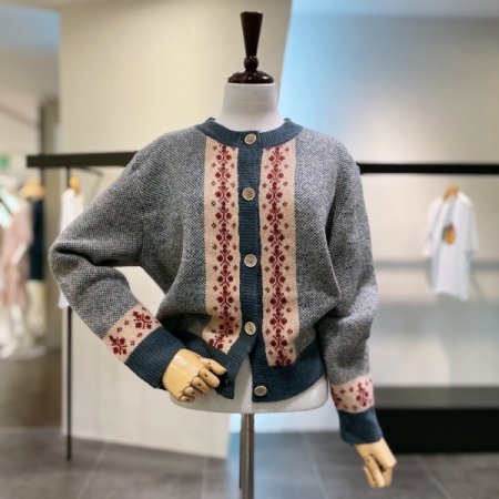 배색 크루넥 가디건