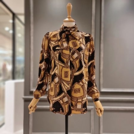 패턴 리본 블라우스