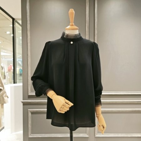 넥 주름 진주 버튼 블라우스