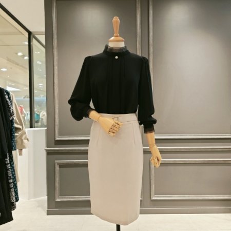 넥 주름 진주 버튼 블라우스