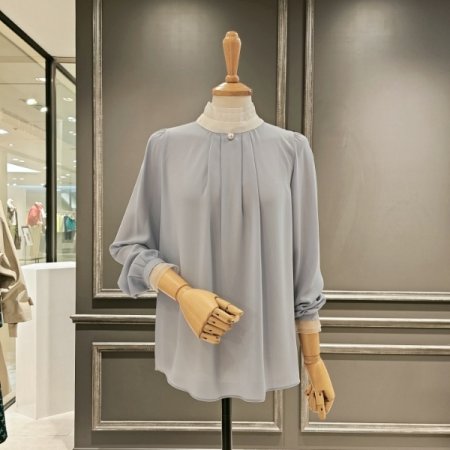 넥 주름 진주 버튼 블라우스