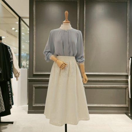 넥 주름 진주 버튼 블라우스