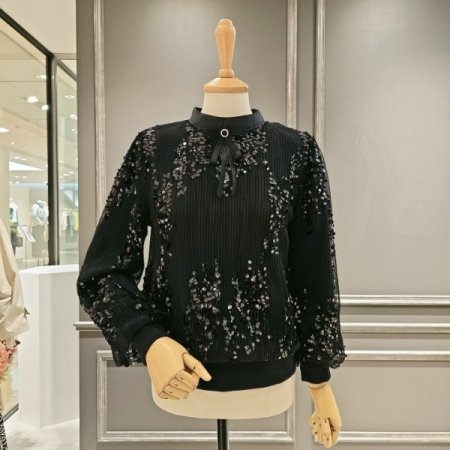 리본 장식 스팽글 블라우스