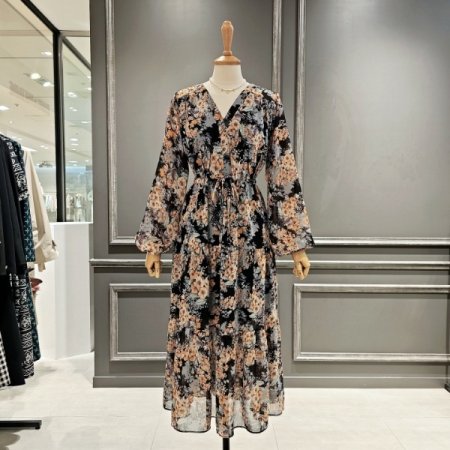 허리 스트링 브이넥 쉬폰 원피스