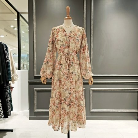 허리 스트링 브이넥 쉬폰 원피스