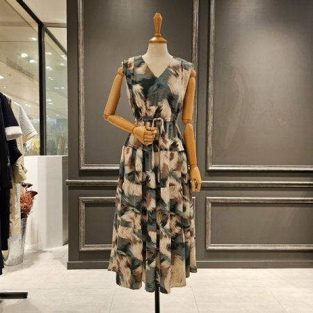 브이넥 민소매 프린팅 원피스