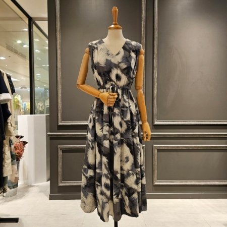 브이넥 민소매 프린팅 원피스