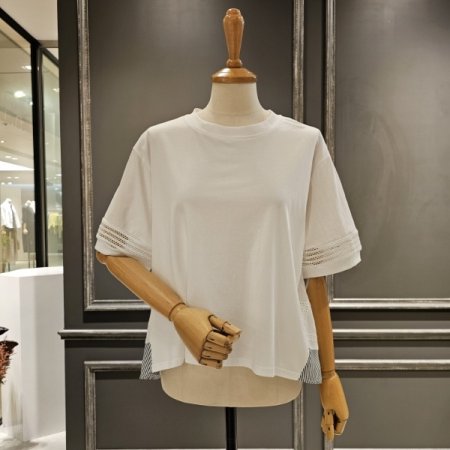 면 레이스 배색 A라인 티셔츠