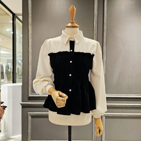 코듀로이 주름 배색 블라우스