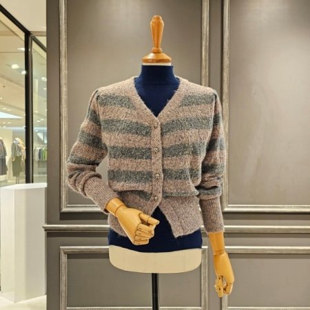 스트라이프 퍼프소매 가디건