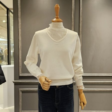 레이스 배색 브이넥 니트