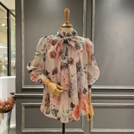 플라워 패턴 리본 블라우스