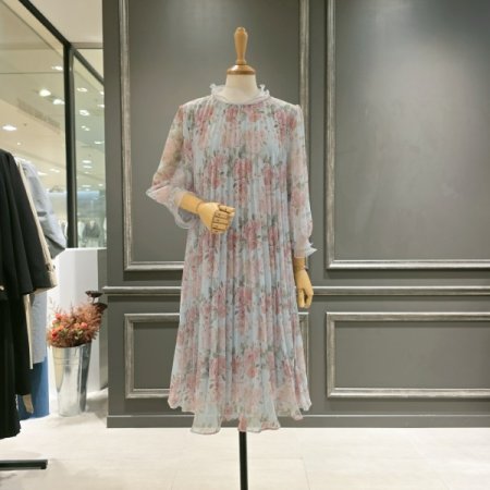 플라워 패턴 주름 쉬폰원피스