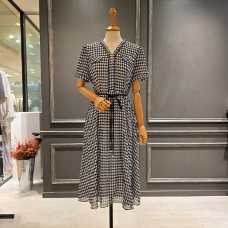 브이넥 패턴 쉬폰 원피스