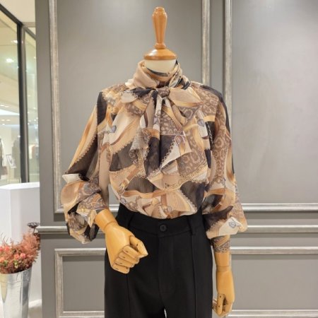 쉬폰 리본 패턴 블라우스