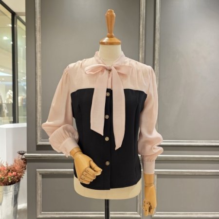 하프패턴 리본 블라우스