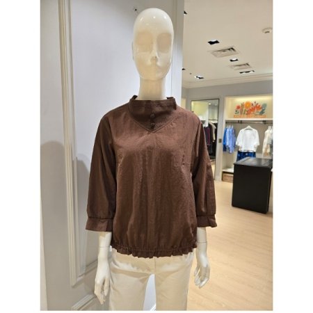 배색 하이넥 밴딩 블라우스