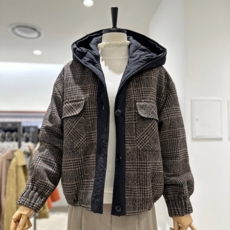 체크 후드 모직 코트