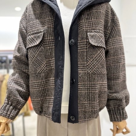 체크 후드 모직 코트