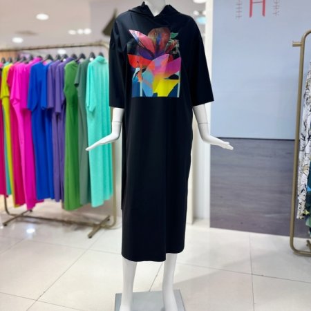 프린팅 후드 롱 원피스