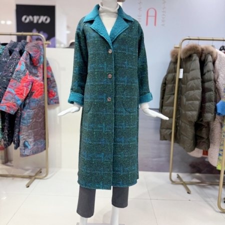 패턴 양털 카라넥 롱 코트