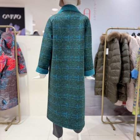 패턴 양털 카라넥 롱 코트