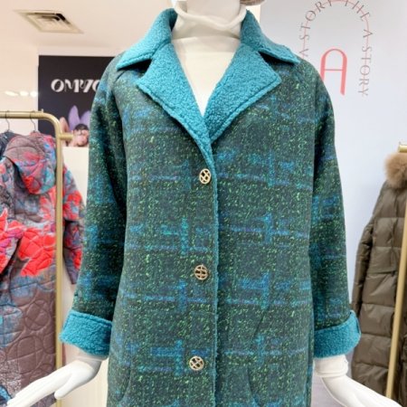 패턴 양털 카라넥 롱 코트