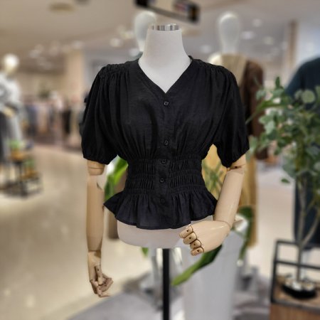 브이넥스모크밴딩볼륨블라우스