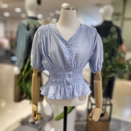 브이넥스모크밴딩볼륨블라우스