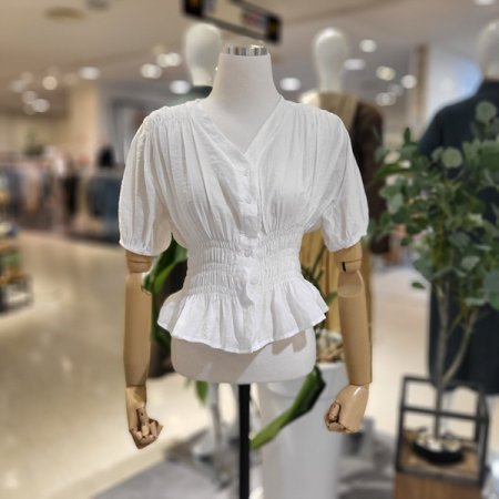 브이넥스모크밴딩볼륨블라우스