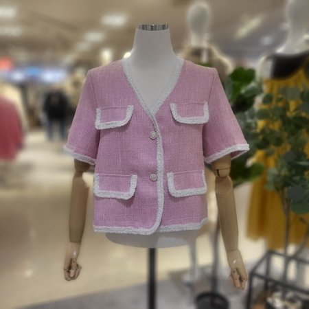 브이넥핑크반팔트위드자켓